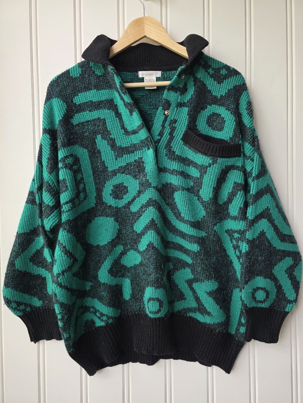 Vintage 80s Susann D Knit Polo Wool Blend Crewneck Sweater Large